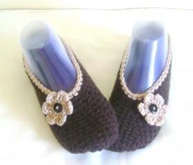 Brown cream wool slippers crochet slippers woman slippers home shoes cosy slippers