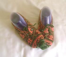 Orange green slippers crochet slippers woman slippers home shoes cosy slippers