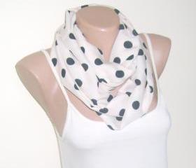 White black infinity cotton scarf, loop scarf, polka-dot scarf