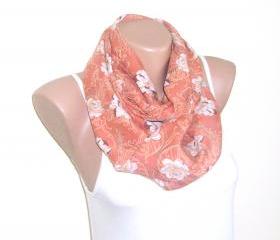 Salmon infinity cotton scarf, loop scarf, floral scarf