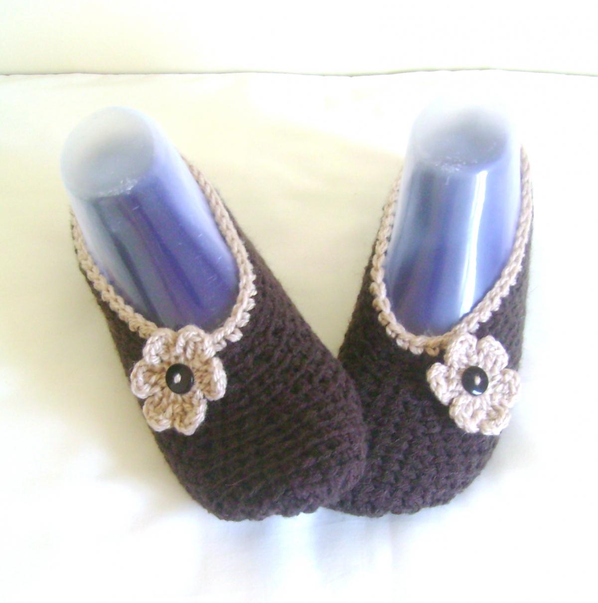 Brown Cream Wool Slippers Crochet Slippers Woman Slippers